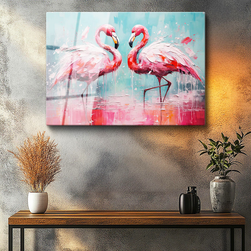 Tamperli Gerçek Cam Tablo Yağlı Boya Dokulu Sanatsal Flamingo Tablosu Duvar Dekoru