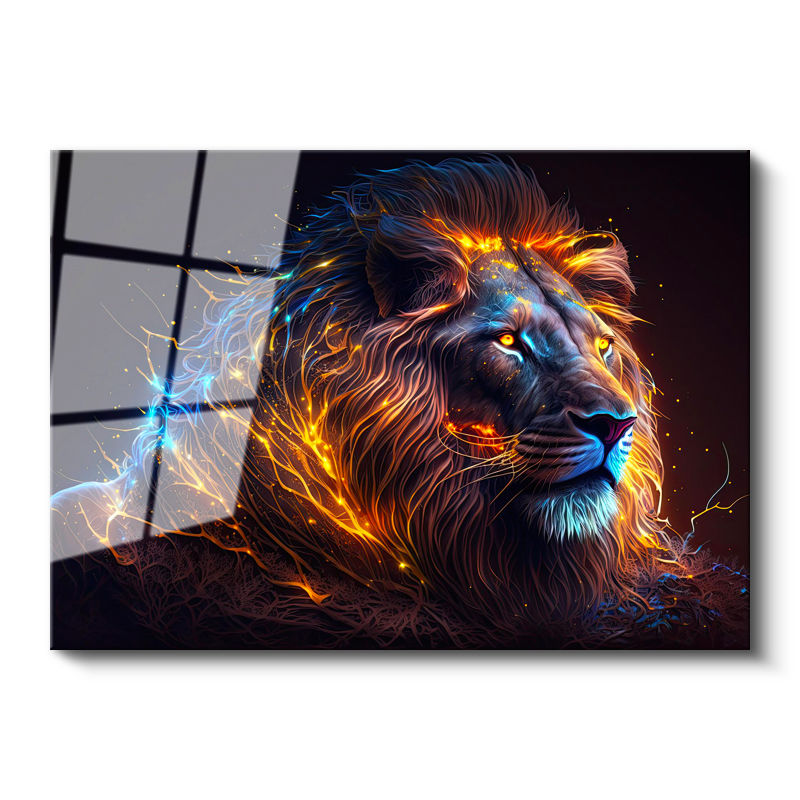 Tamperli Gerçek Cam Tablo Parlak Işıltılı Yele Detaylı Aslan Tablosu Duvar Dekoru