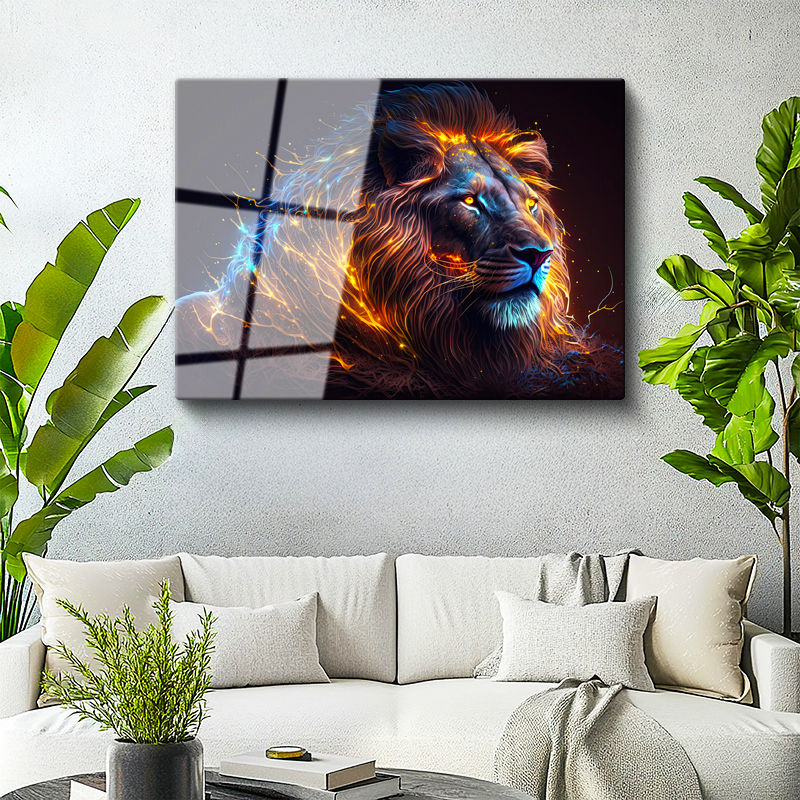 Tamperli Gerçek Cam Tablo Parlak Işıltılı Yele Detaylı Aslan Tablosu Duvar Dekoru