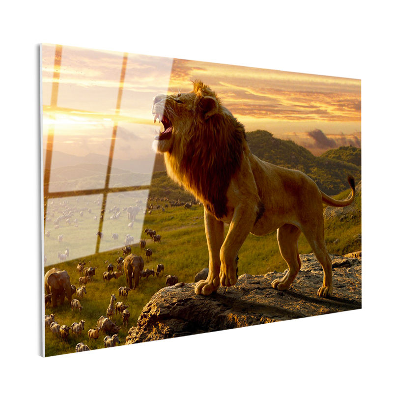 Tamperli Gerçek Cam Tablo Kayalık Üzeri Kral Aslan Tablosu Duvar Dekoru