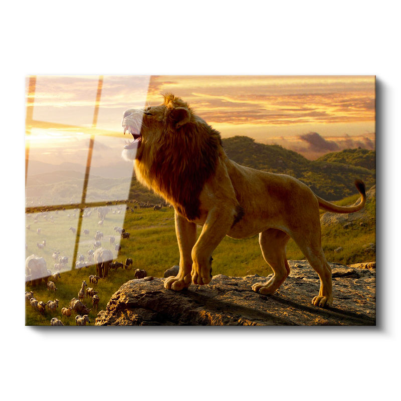 Tamperli Gerçek Cam Tablo Kayalık Üzeri Kral Aslan Tablosu Duvar Dekoru