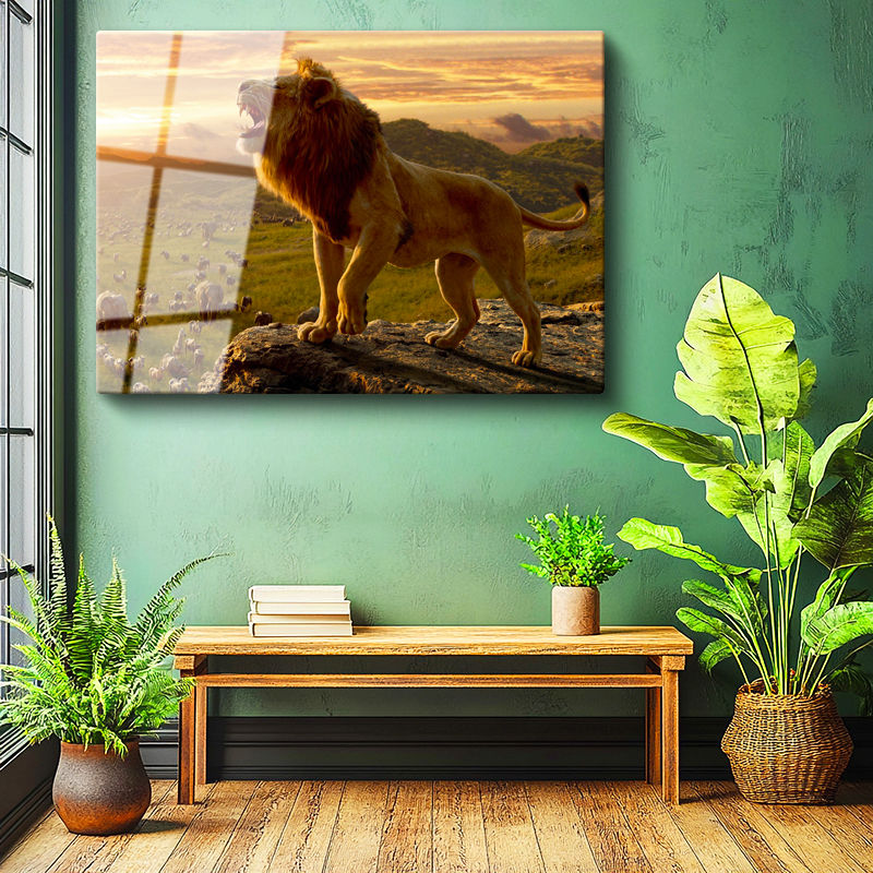 Tamperli Gerçek Cam Tablo Kayalık Üzeri Kral Aslan Tablosu Duvar Dekoru