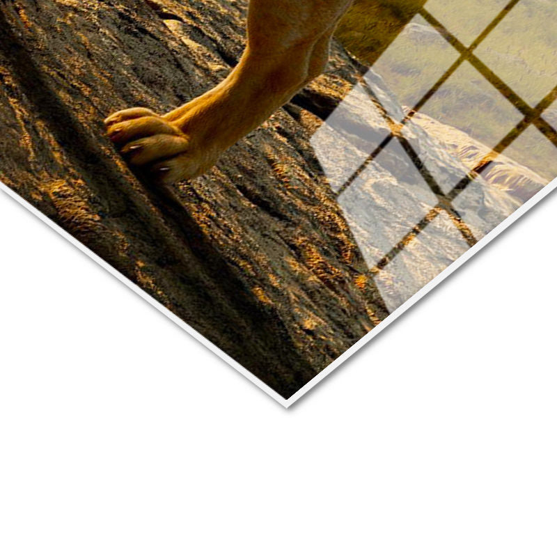 Tamperli Gerçek Cam Tablo Kayalık Üzeri Kral Aslan Tablosu Duvar Dekoru