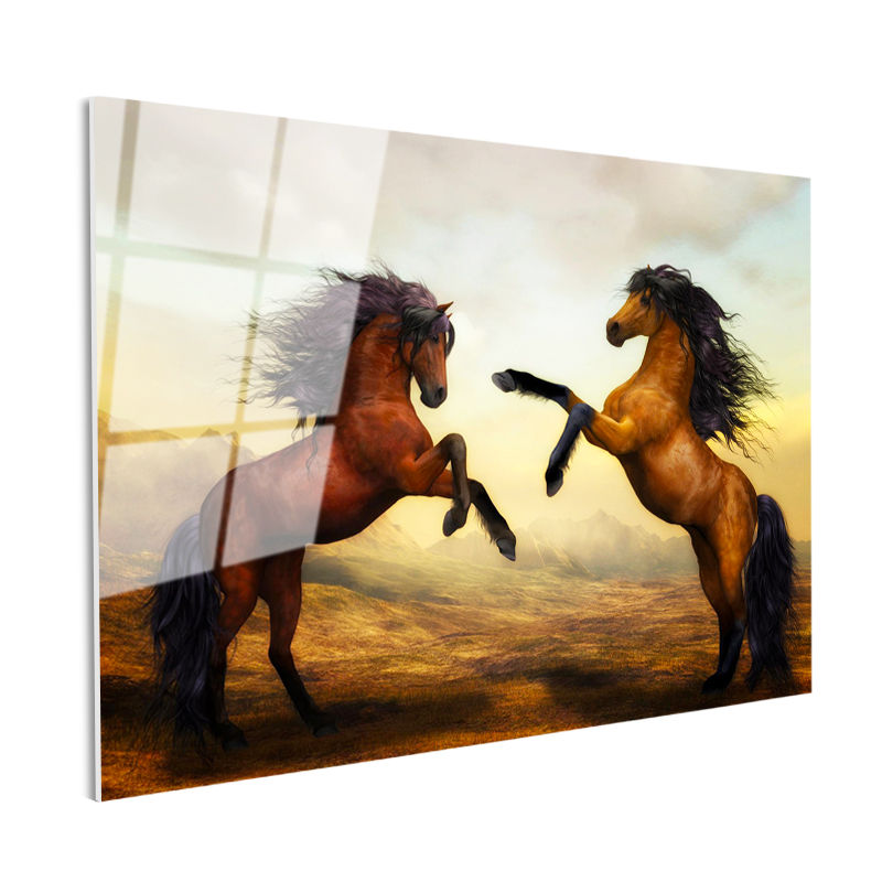 Tamperli Gerçek Cam Tablo Karşı Karşıya Vahşi Atlar At Tablosu Duvar Dekoru