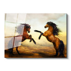Tamperli Gerçek Cam Tablo Karşı Karşıya Vahşi Atlar At Tablosu Duvar Dekoru