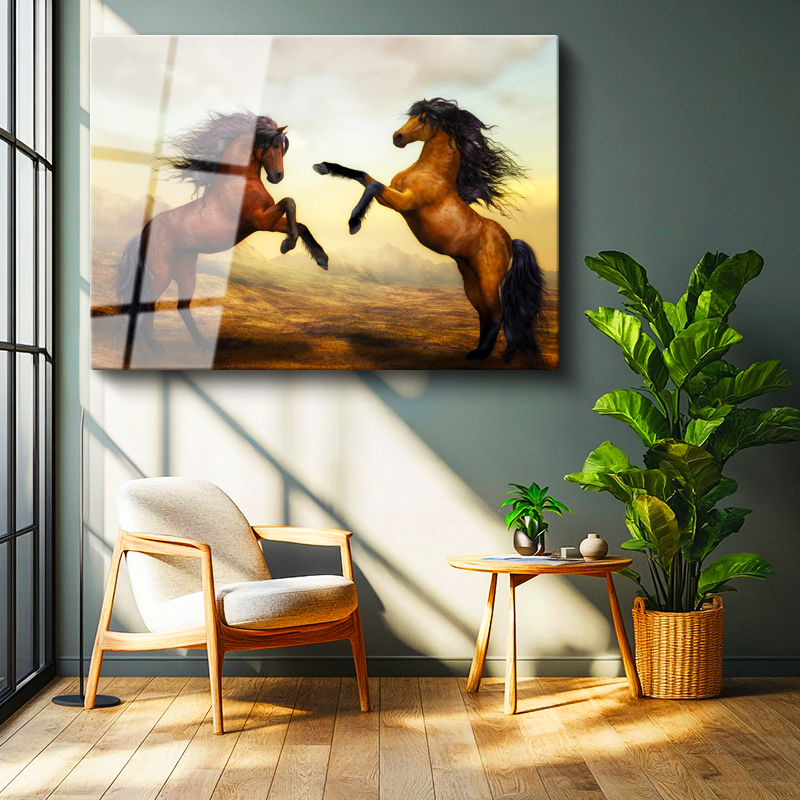 Tamperli Gerçek Cam Tablo Karşı Karşıya Vahşi Atlar At Tablosu Duvar Dekoru