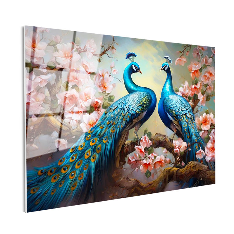 Tamperli Gerçek Cam Tablo Çiçekli Dalda Tavus Kuşları Tavus Kuşu Tablosu Duvar Dekoru