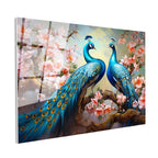 Tamperli Gerçek Cam Tablo Çiçekli Dalda Tavus Kuşları Tavus Kuşu Tablosu Duvar Dekoru