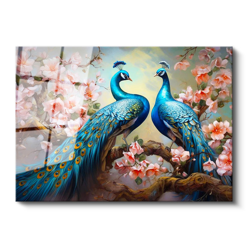 Tamperli Gerçek Cam Tablo Çiçekli Dalda Tavus Kuşları Tavus Kuşu Tablosu Duvar Dekoru