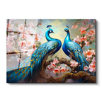 Tamperli Gerçek Cam Tablo Çiçekli Dalda Tavus Kuşları Tavus Kuşu Tablosu Duvar Dekoru