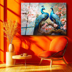 Tamperli Gerçek Cam Tablo Çiçekli Dalda Tavus Kuşları Tavus Kuşu Tablosu Duvar Dekoru