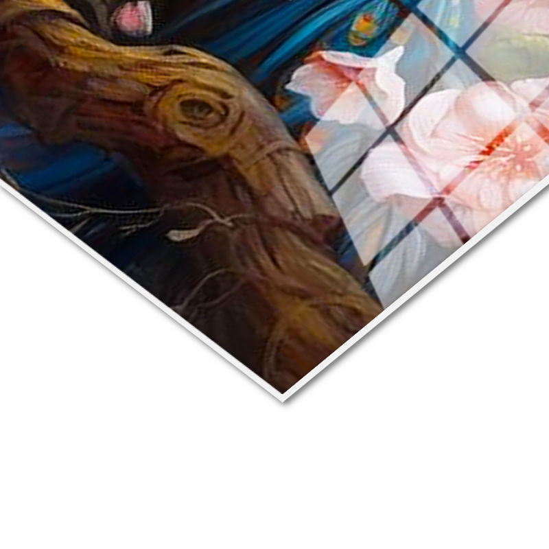 Tamperli Gerçek Cam Tablo Çiçekli Dalda Tavus Kuşları Tavus Kuşu Tablosu Duvar Dekoru