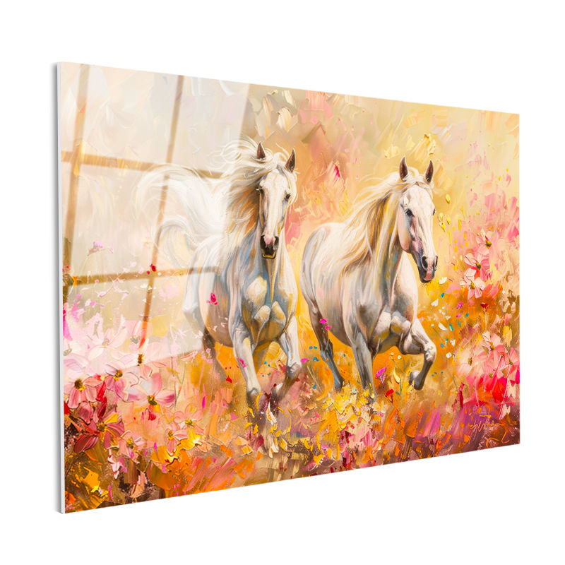 Tamperli Gerçek Cam Tablo Sanatsal Çizim Beyaz Atlar At Tablosu Duvar Dekoru