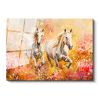 Tamperli Gerçek Cam Tablo Sanatsal Çizim Beyaz Atlar At Tablosu Duvar Dekoru