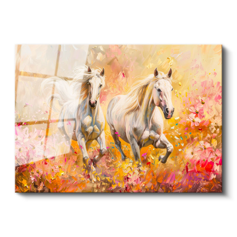 Tamperli Gerçek Cam Tablo Sanatsal Çizim Beyaz Atlar At Tablosu Duvar Dekoru
