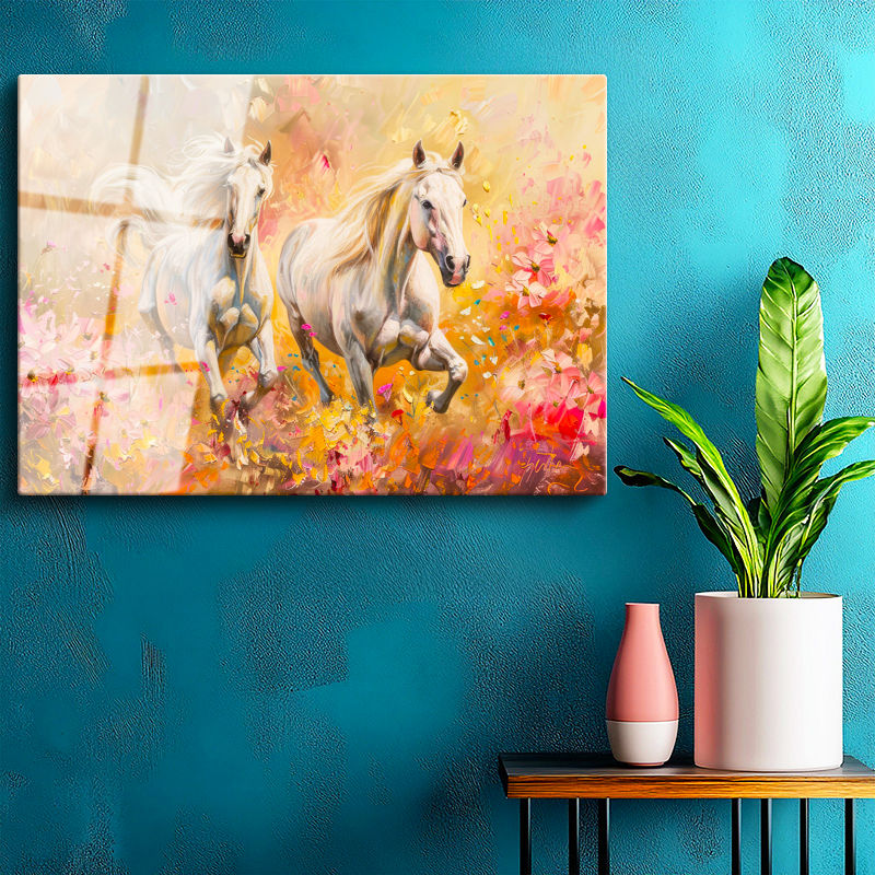 Tamperli Gerçek Cam Tablo Sanatsal Çizim Beyaz Atlar At Tablosu Duvar Dekoru