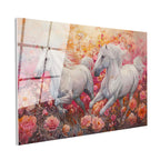 Tamperli Gerçek Cam Tablo Pembe Çiçekli Doğa Ve Atlar At Tablosu Duvar Dekoru