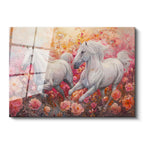 Tamperli Gerçek Cam Tablo Pembe Çiçekli Doğa Ve Atlar At Tablosu Duvar Dekoru
