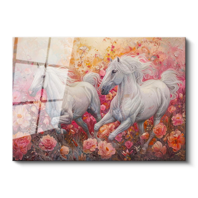 Tamperli Gerçek Cam Tablo Pembe Çiçekli Doğa Ve Atlar At Tablosu Duvar Dekoru