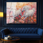 Tamperli Gerçek Cam Tablo Pembe Çiçekli Doğa Ve Atlar At Tablosu Duvar Dekoru