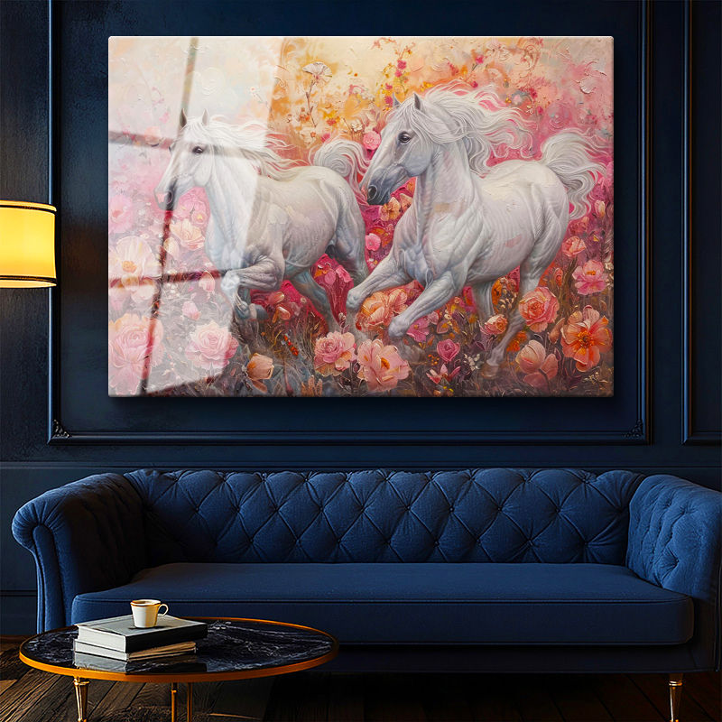 Tamperli Gerçek Cam Tablo Pembe Çiçekli Doğa Ve Atlar At Tablosu Duvar Dekoru