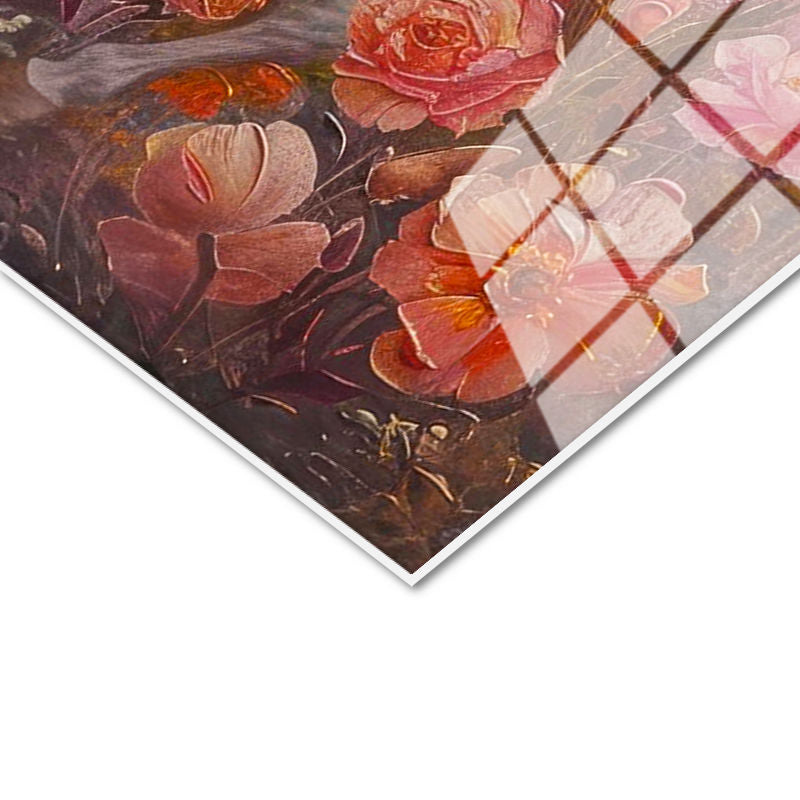 Tamperli Gerçek Cam Tablo Pembe Çiçekli Doğa Ve Atlar At Tablosu Duvar Dekoru