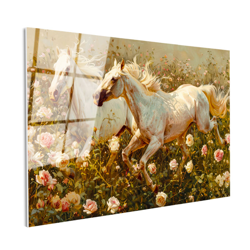 Tamperli Gerçek Cam Tablo Gül Bahçesindeki Atlar At Tablosu Duvar Dekoru