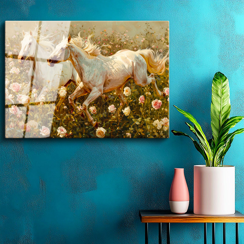 Tamperli Gerçek Cam Tablo Gül Bahçesindeki Atlar At Tablosu Duvar Dekoru