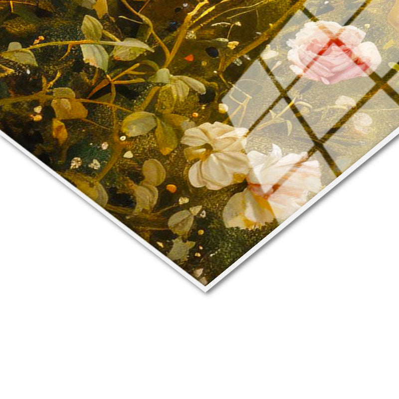 Tamperli Gerçek Cam Tablo Gül Bahçesindeki Atlar At Tablosu Duvar Dekoru