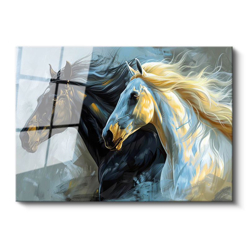 Tamperli Gerçek Cam Tablo Yeleli İki At Portresi At Tablosu Duvar Dekoru