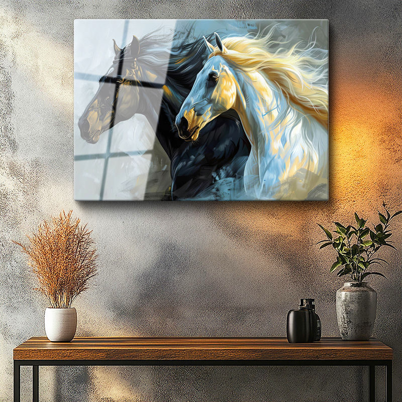 Tamperli Gerçek Cam Tablo Yeleli İki At Portresi At Tablosu Duvar Dekoru