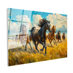 Tamperli Gerçek Cam Tablo Sarı Otlar Ve At Sürüsü At Tablosu Duvar Dekoru