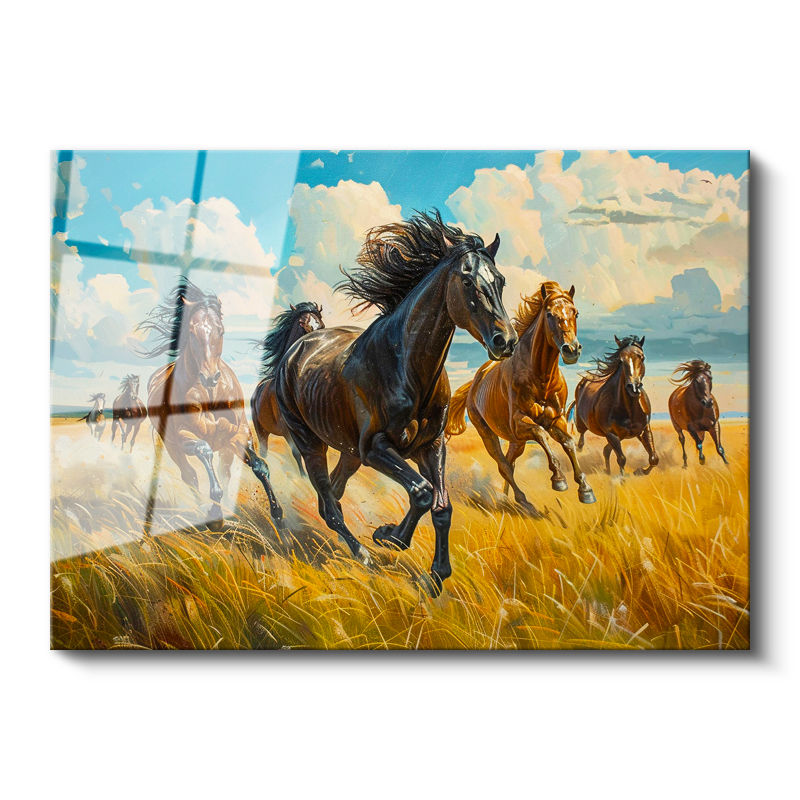 Tamperli Gerçek Cam Tablo Sarı Otlar Ve At Sürüsü At Tablosu Duvar Dekoru