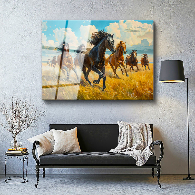 Tamperli Gerçek Cam Tablo Sarı Otlar Ve At Sürüsü At Tablosu Duvar Dekoru