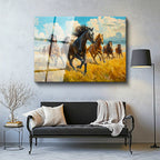 Tamperli Gerçek Cam Tablo Sarı Otlar Ve At Sürüsü At Tablosu Duvar Dekoru