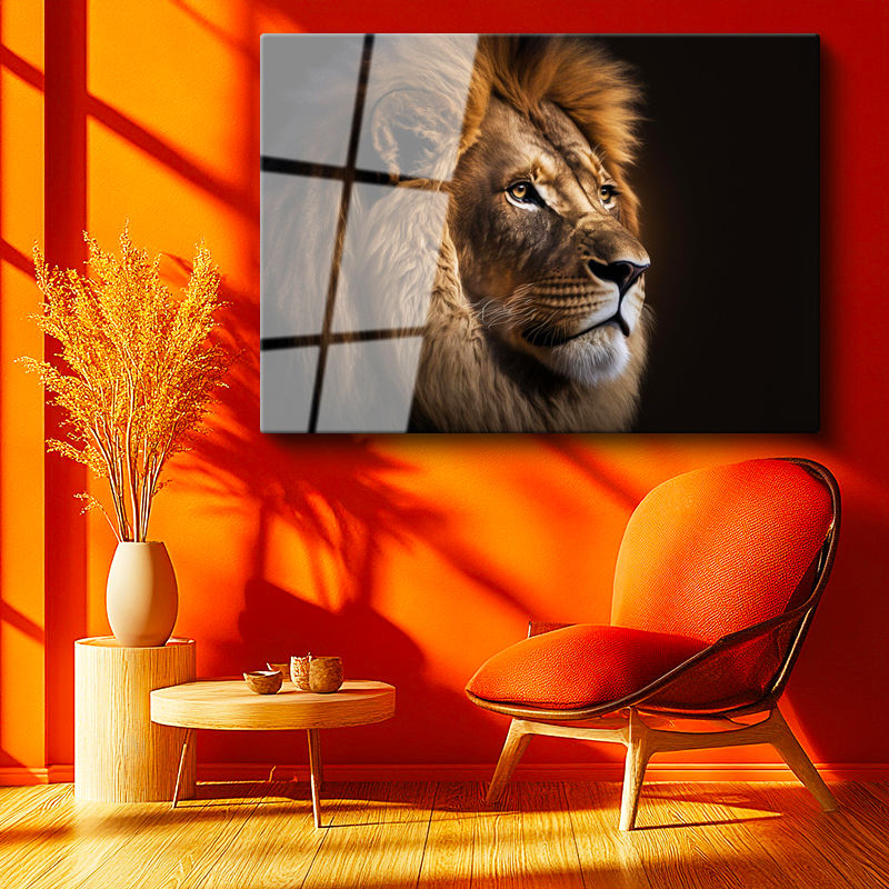 Tamperli Gerçek Cam Tablo Portre Duruşlu Aslan Başı Aslan Tablosu Duvar Dekoru