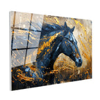 Tamperli Gerçek Cam Tablo Altın Boya Efektli Siyah At At Tablosu Duvar Dekoru