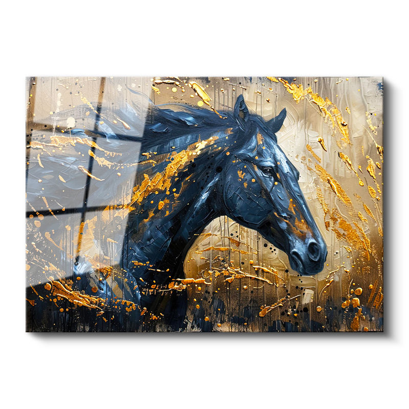Tamperli Gerçek Cam Tablo Altın Boya Efektli Siyah At At Tablosu Duvar Dekoru