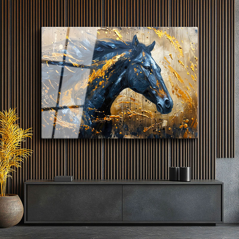 Tamperli Gerçek Cam Tablo Altın Boya Efektli Siyah At At Tablosu Duvar Dekoru