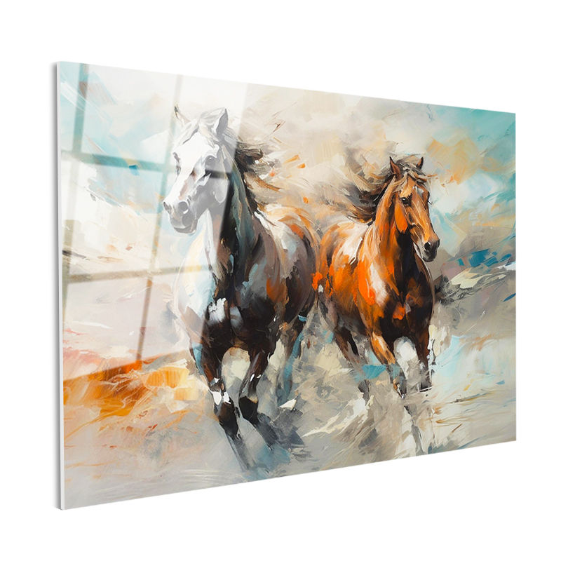 Tamperli Gerçek Cam Tablo Fırça Darbeli Koşan İki At At Tablosu Duvar Dekoru