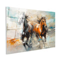 Tamperli Gerçek Cam Tablo Fırça Darbeli Koşan İki At At Tablosu Duvar Dekoru
