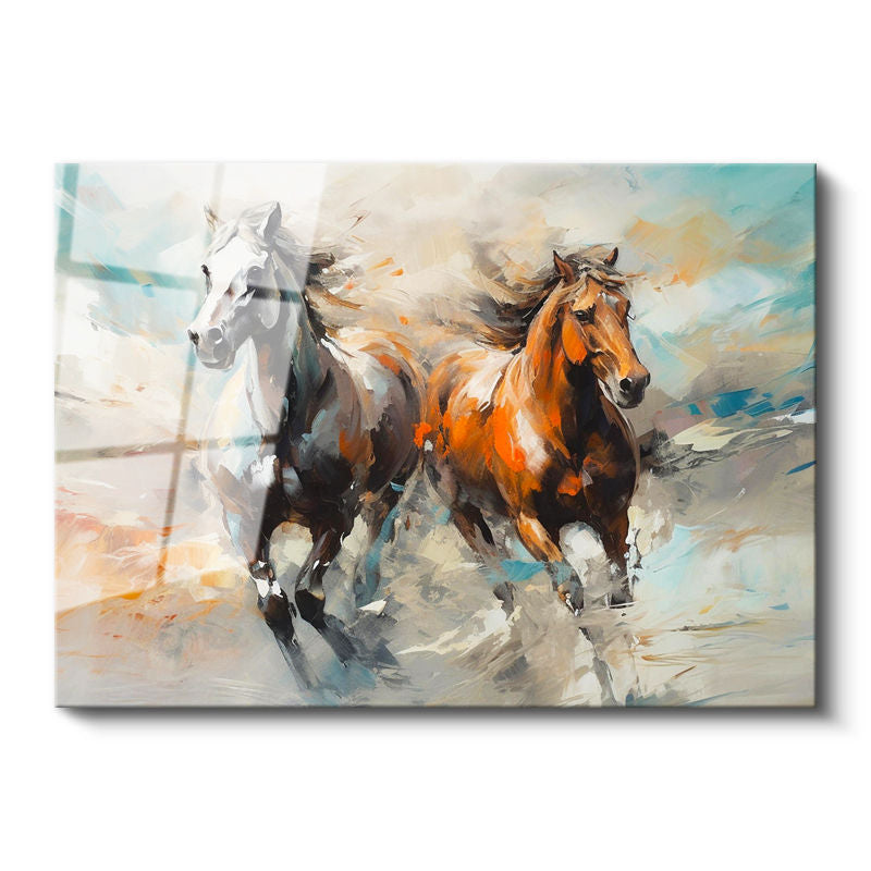 Tamperli Gerçek Cam Tablo Fırça Darbeli Koşan İki At At Tablosu Duvar Dekoru