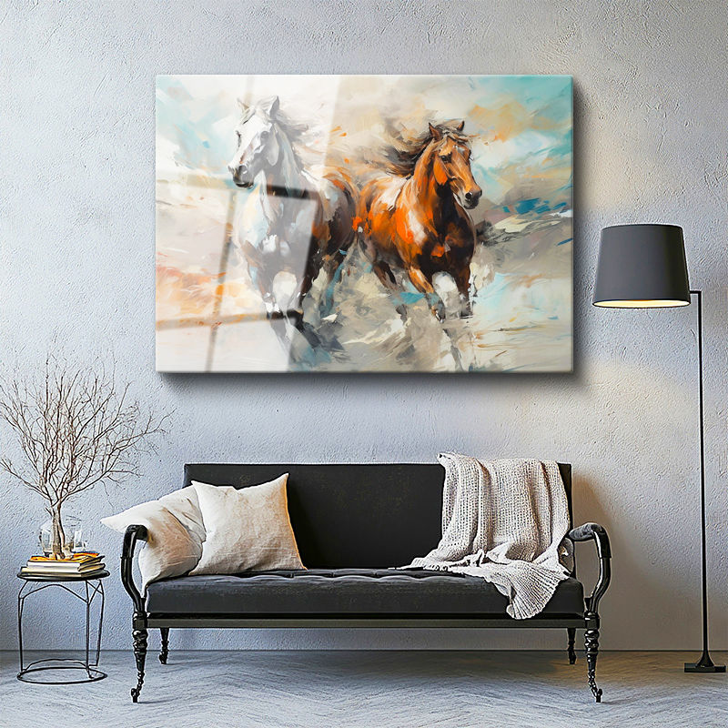 Tamperli Gerçek Cam Tablo Fırça Darbeli Koşan İki At At Tablosu Duvar Dekoru