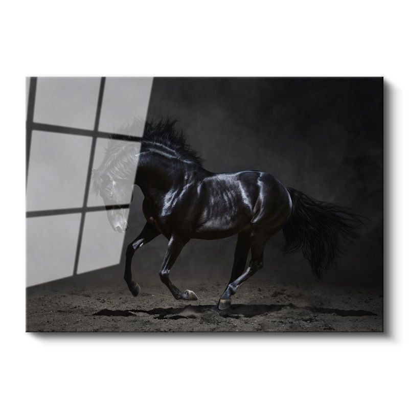 Tamperli Gerçek Cam Tablo Kaslı Siyah Aygır At Tablosu Duvar Dekoru