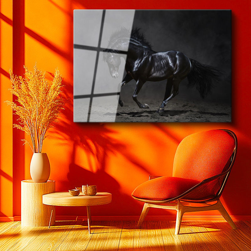 Tamperli Gerçek Cam Tablo Kaslı Siyah Aygır At Tablosu Duvar Dekoru