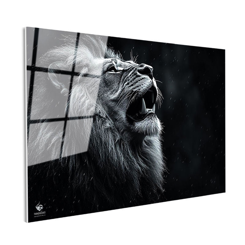 Tamperli Gerçek Cam Tablo Yağmur Efektli Kükreyen Aslan Tablosu Duvar Dekoru