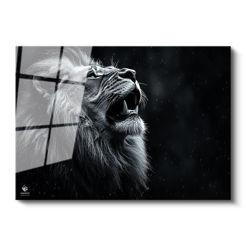Tamperli Gerçek Cam Tablo Yağmur Efektli Kükreyen Aslan Tablosu Duvar Dekoru