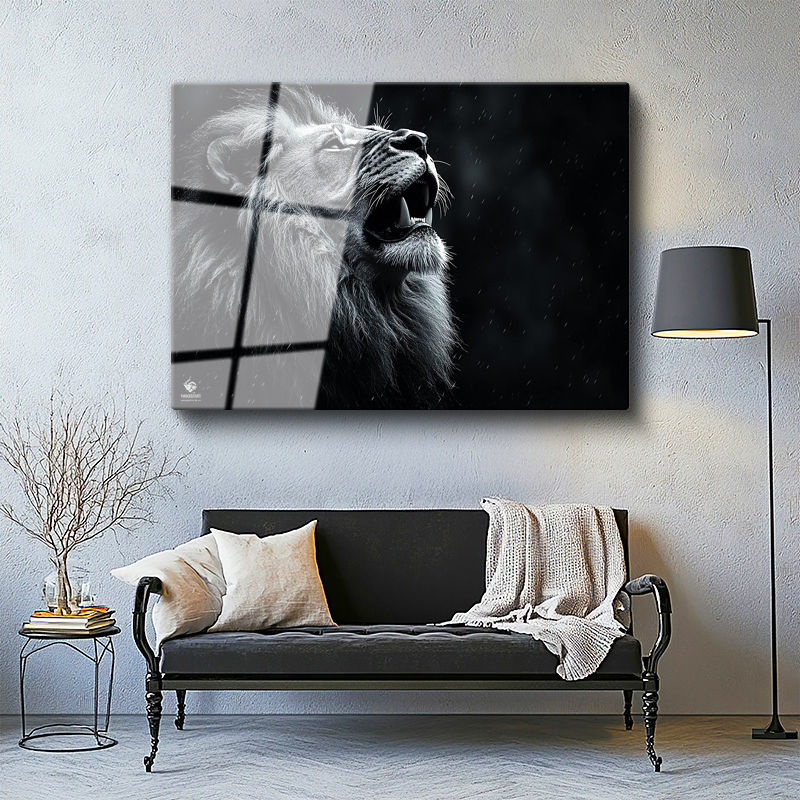 Tamperli Gerçek Cam Tablo Yağmur Efektli Kükreyen Aslan Tablosu Duvar Dekoru