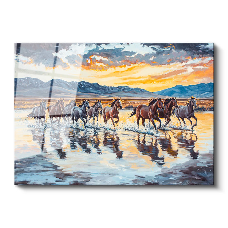 Tamperli Gerçek Cam Tablo Yağlı Boya Görünümlü At Sürüsü At Tablosu Duvar Dekoru