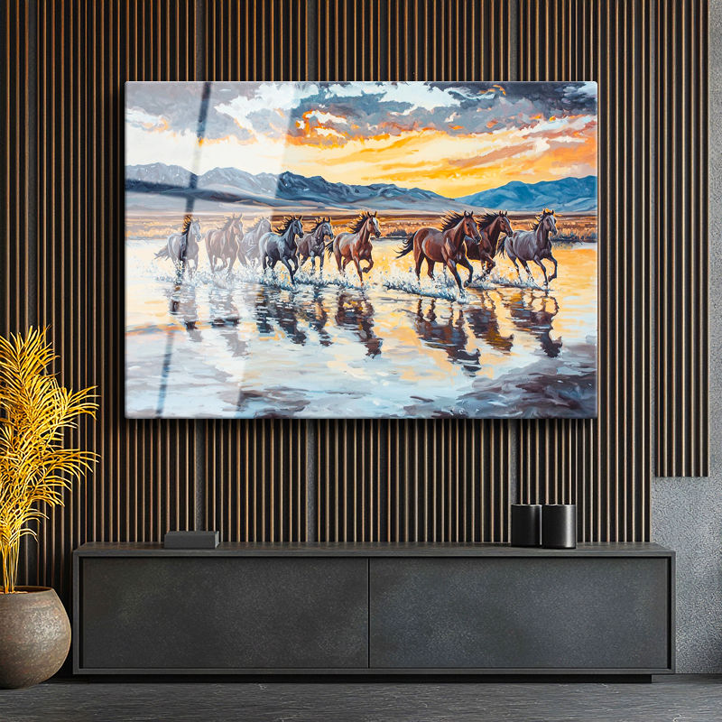 Tamperli Gerçek Cam Tablo Yağlı Boya Görünümlü At Sürüsü At Tablosu Duvar Dekoru